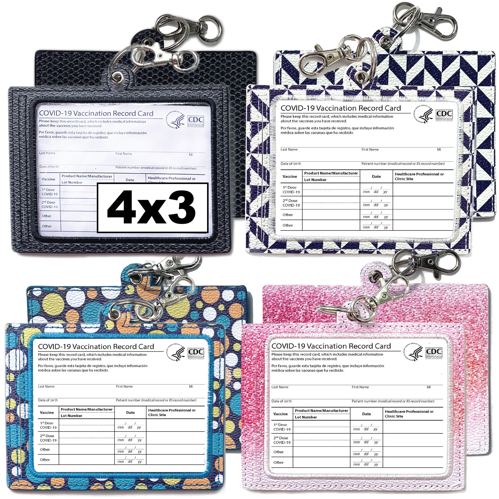 4 Pack Fashionable Vaccine Card Protector (Black, Checkered, Polka Dot, Pink)